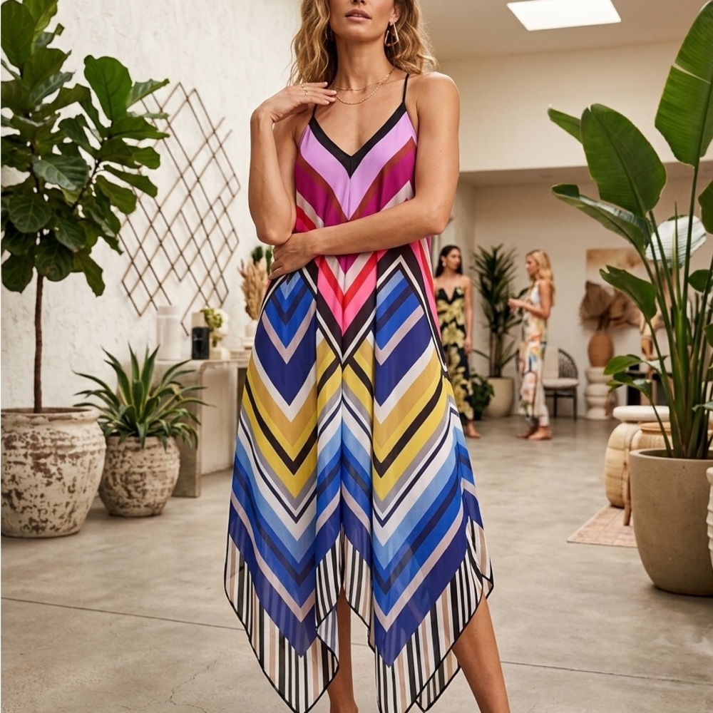 Trina Turk Multicolor Chevron Handkerchief Hem Dress